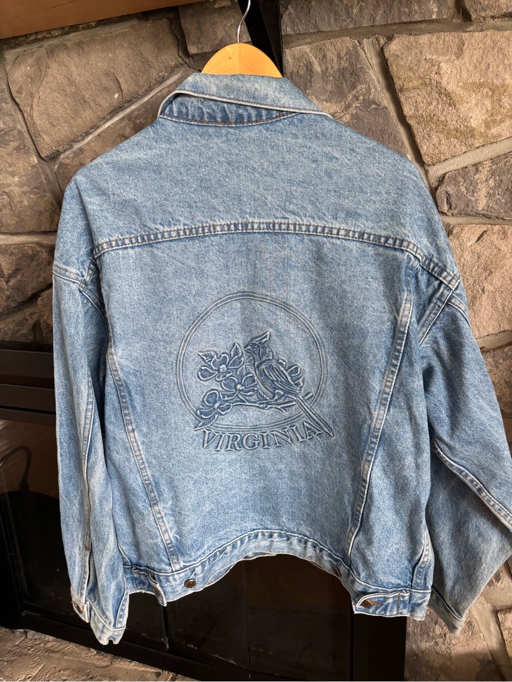 Vintage Made in the USA Jean jacket oversized with Virginia/Bird print on back